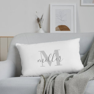 Farmhouse Black Buffalo Plaid Family Name Monogram Lumbar Pillow