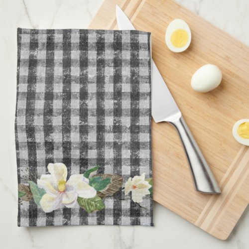 Farmhouse Black Check Rustic White Magnolia Leaves Kitchen Towel