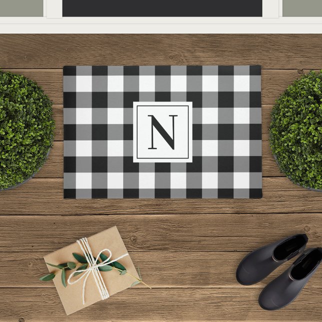 Farmhouse Black Custom Monogram Buffalo Plaid Doormat (Creator Uploaded)
