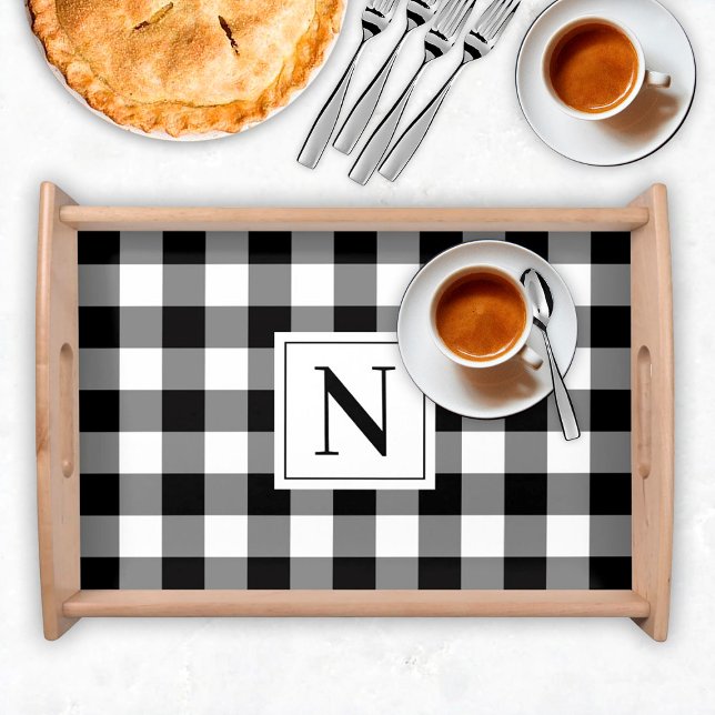 Farmhouse Black Gingham Check Plaid Monogram Serving Tray (Creator Uploaded)