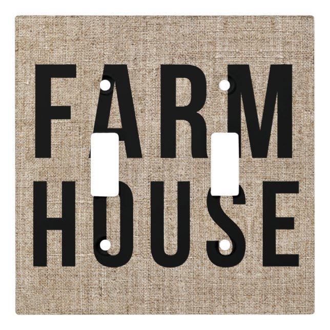 FARMHOUSE Black Lettering Rustic Burlap Sacking Light Switch Cover (Front)