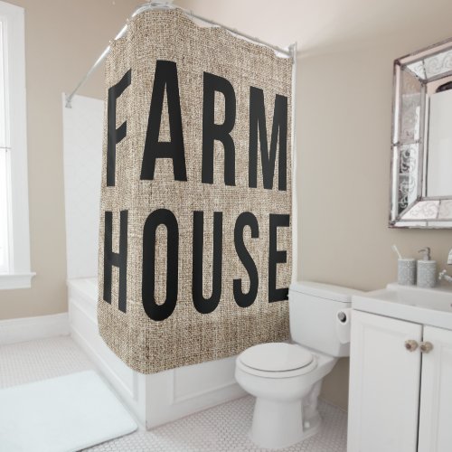FARMHOUSE Black Lettering Rustic Burlap Sacking Shower Curtain
