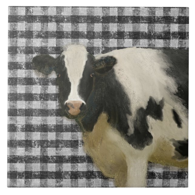 Farmhouse Black n White Cow Rustic Country Kitchen Ceramic Tile (Front)