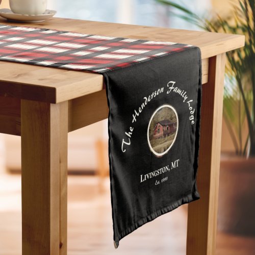 Farmhouse Black Red Buffalo Plaid Custom Photo Long Table Runner