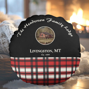 Farmhouse Black Red Buffalo Plaid Custom Photo Round Pillow