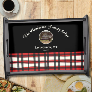Farmhouse Black Red Buffalo Plaid Custom Photo Serving Tray