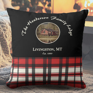 Farmhouse Black Red Buffalo Plaid Photo Square Throw Pillow
