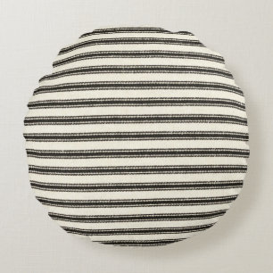 Farmhouse Black Ticking Stripes Round Pillow