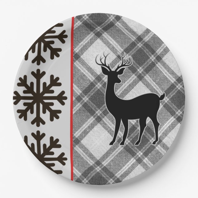 Farmhouse Black White Buffalo Plaid Deer Snowflake Paper Plates (Front)