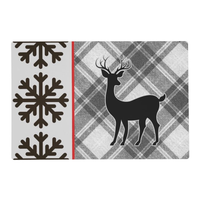 Farmhouse Black White Buffalo Plaid Deer Snowflake Placemat (Front)