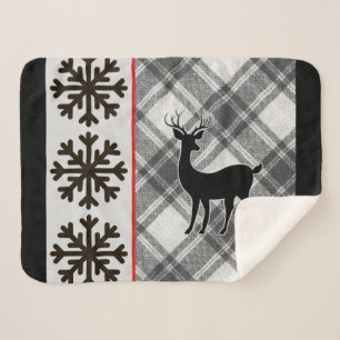 Farmhouse Black White Buffalo Plaid Deer Snowflake Sherpa Blanket