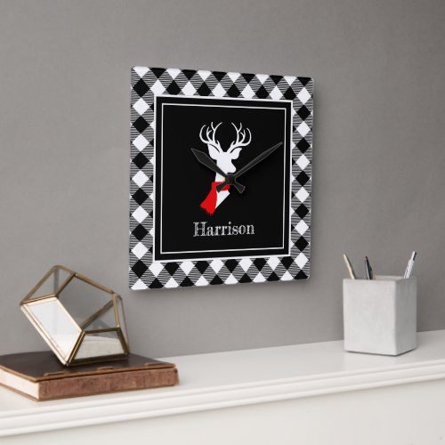 Farmhouse Black White Plaid Chic Deer Personalized Square Wall Clock