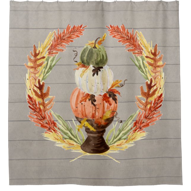 Farmhouse Blessing Rustic Grey Wood Pumpkin Wreath Shower Curtain (Front)
