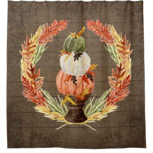 Farmhouse Blessing Rustic Wood Pumpkin Leaf Wreath Shower Curtain