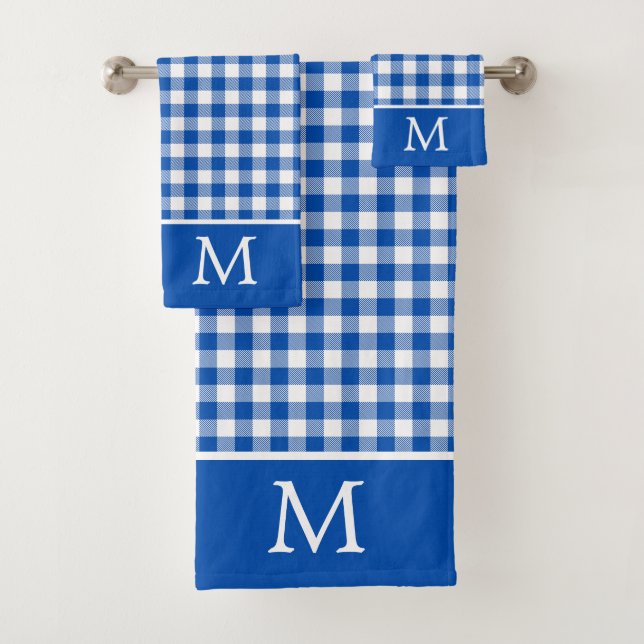 Farmhouse Blue and White Gingham Plaid Monogram Bath Towel Set (Insitu)
