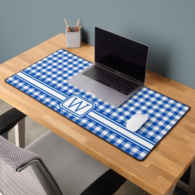 Farmhouse Blue and White Gingham Plaid Monogram Desk Mat (Office 2)