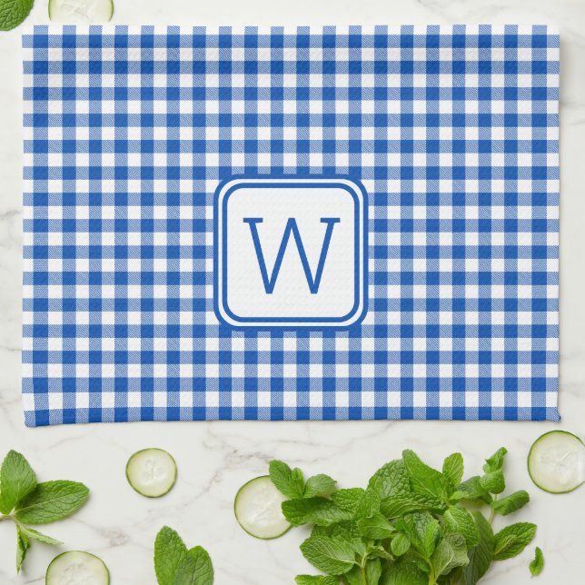 Farmhouse Blue and White Gingham Plaid Monogram Kitchen Towel (Folded)