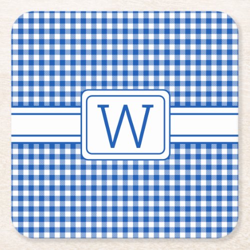 Farmhouse Blue and White Gingham Plaid Monogram Square Paper Coaster