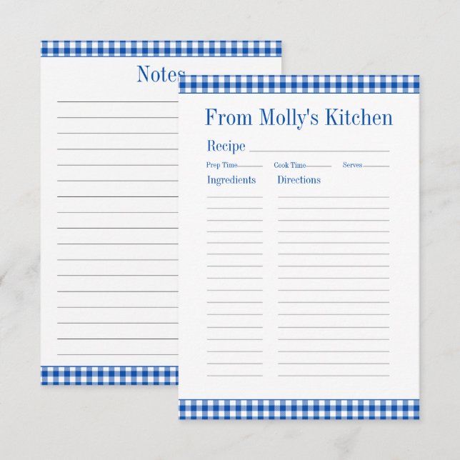 Farmhouse Blue and White Gingham Plaid Recipe Note Card (Front/Back)