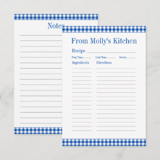 Farmhouse Blue and White Gingham Plaid Recipe Note Card