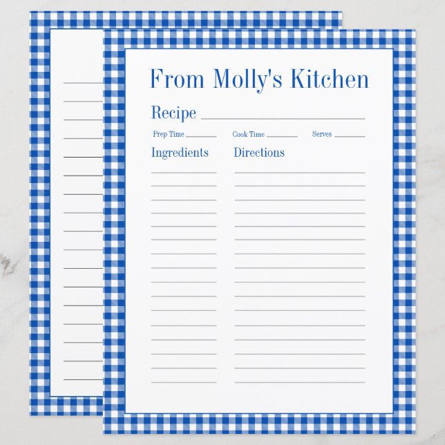 Farmhouse Blue and White Gingham Plaid Recipe Page (Front/Back)