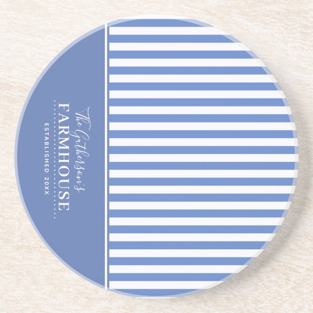Farmhouse Blue and White Striped Coaster (Front)