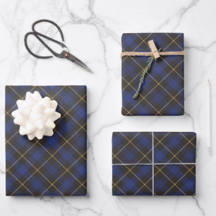 Farmhouse blue black gold diagonal plaid pattern wrapping paper sheets