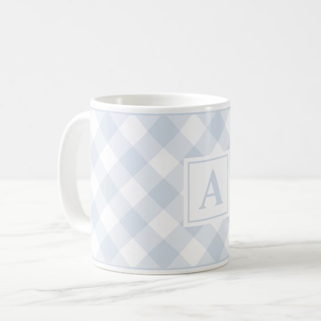 Farmhouse Blue Buffalo Plaid Check Monogrammed Mug (Front Left)