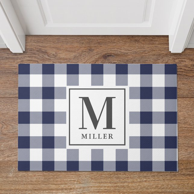 Farmhouse Blue Buffalo Plaid Family Name Monogram Doormat (Creator Uploaded)