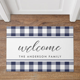 Farmhouse Blue Buffalo Plaid Family Name Welcome Doormat