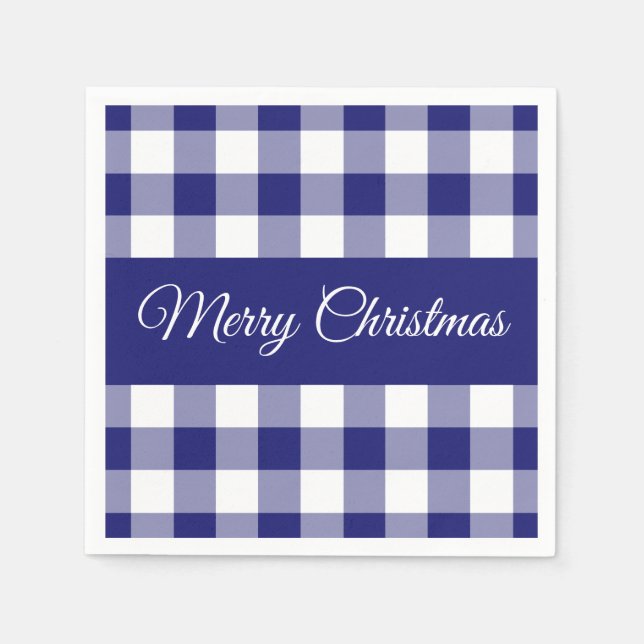 Farmhouse Blue Checks Merry Christmas  Napkins (Front)