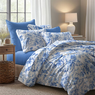Farmhouse Blue French Toile Roses Floral Duvet Cov Cover