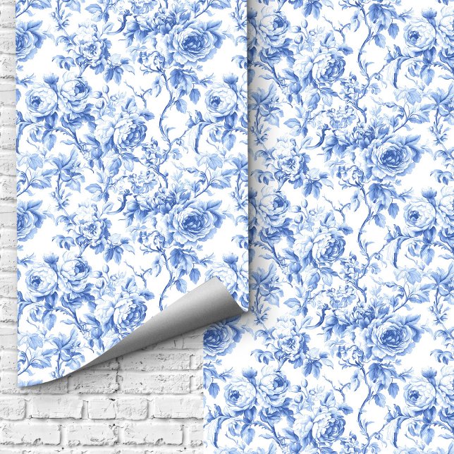 Farmhouse Blue French Toile Roses Floral Wallpaper Wallpaper (Farmhouse Blue French Toile Roses Floral Wallpaper Design)