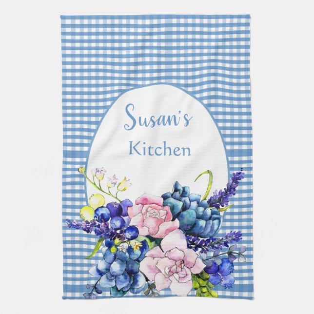 Farmhouse Blue Gingham and Roses Personalized  Kitchen Towel (Vertical)