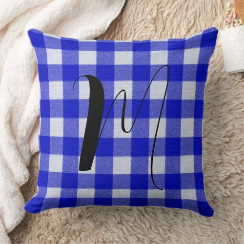 Farmhouse Blue Gingham Check - Plaid Monogram Throw Pillow