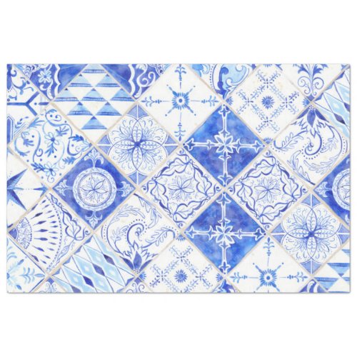 Farmhouse Blue White Diamond Tile Wood Decoupage 2 Tissue Paper