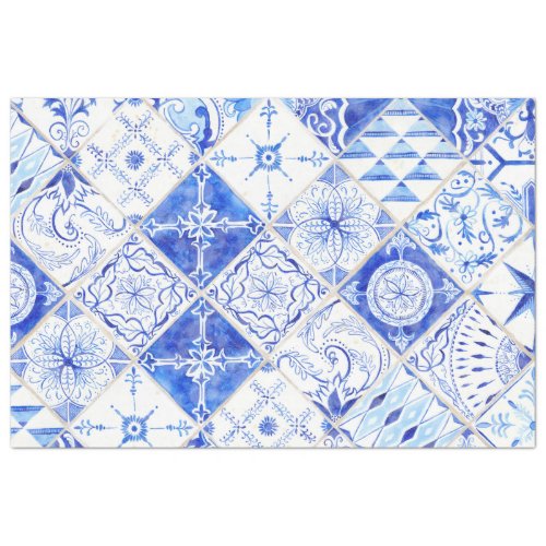 Farmhouse Blue White Diamond Tile Wood Decoupage Tissue Paper