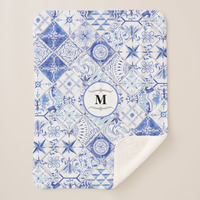 Farmhouse Blue White Tile Pattern Monogram Initial Sherpa Blanket