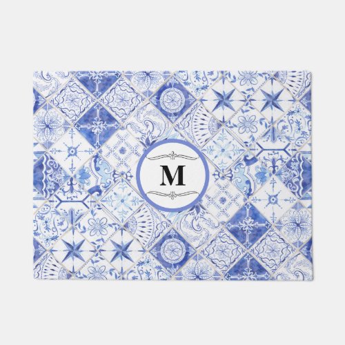 Farmhouse Blue White Tile Pattern Watercolor Decor Doormat