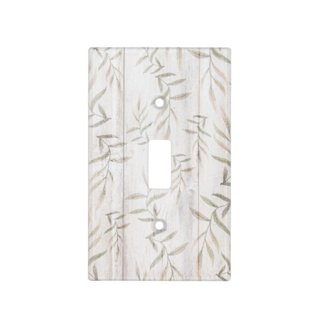 Farmhouse Botanical White Wood Blush Rustic Leaves Light Switch Cover (Front)