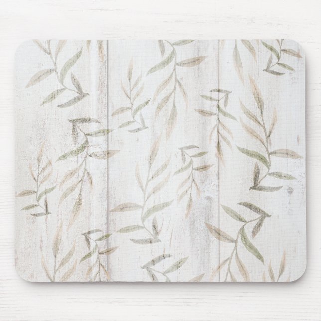 Farmhouse Botanical White Wood Blush Rustic Leaves Mouse Pad (Front)