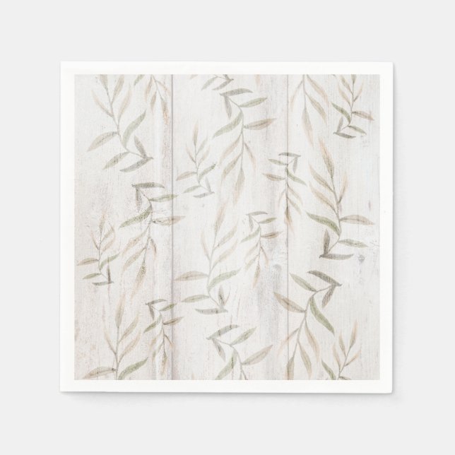 Farmhouse Botanical White Wood Blush Rustic Leaves Napkins (Front)