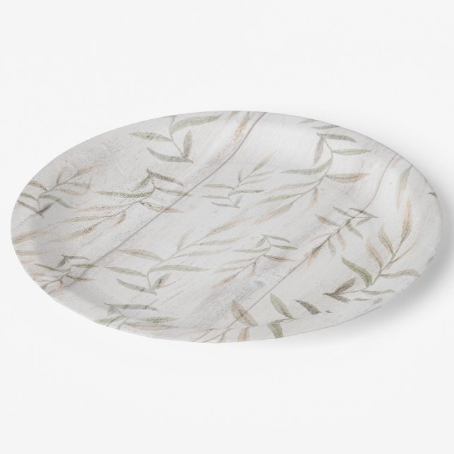 Farmhouse Botanical White Wood Blush Rustic Leaves Paper Plates (Angled)