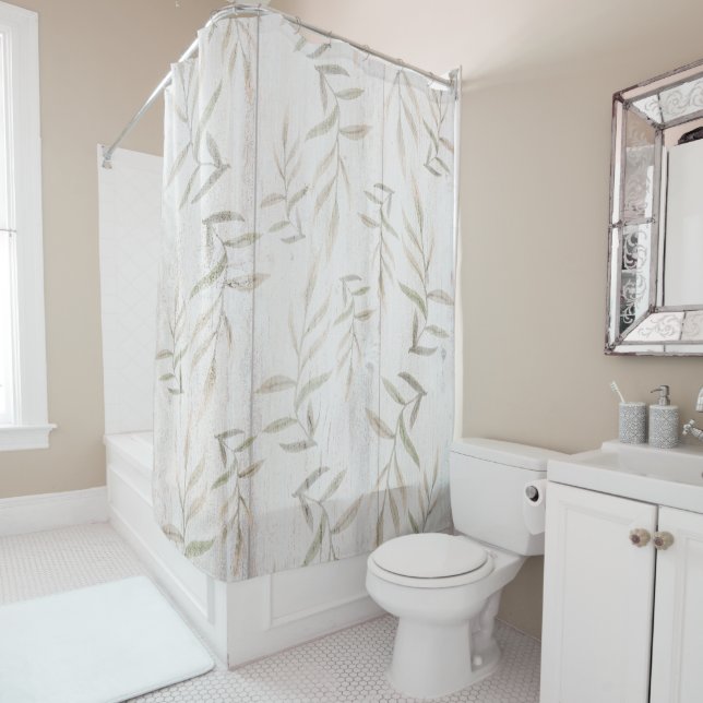 Farmhouse Botanical White Wood Blush Rustic Leaves Shower Curtain (In Situ)
