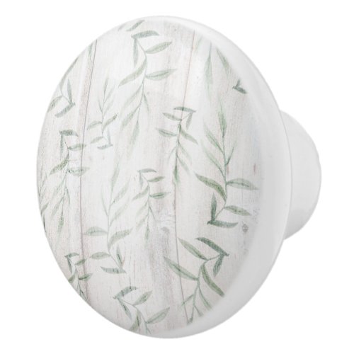 Farmhouse Botanical White Wood Rustic Leaves Ceramic Knob