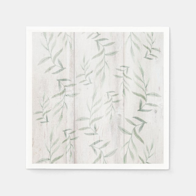 Farmhouse Botanical White Wood Rustic Leaves Napkins (Front)