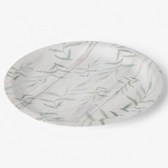 Farmhouse Botanical White Wood Rustic Leaves Paper Plates (Angled)