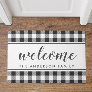 Farmhouse Buffalo Check Family Name Welcome Doormat