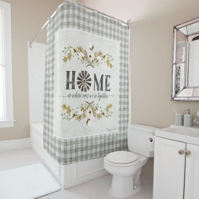 Farmhouse Buffalo Check Home Cotton Watercolor Art Shower Curtain (In Situ)