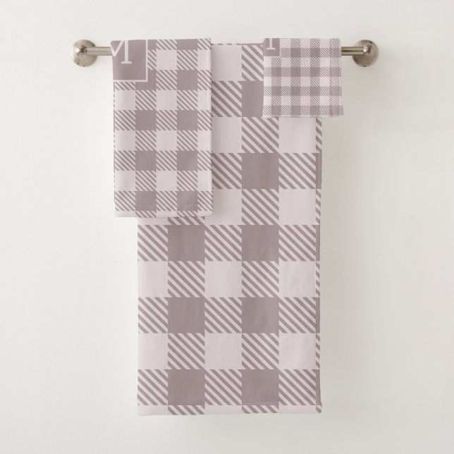 Farmhouse Buffalo Check Plaid Beige Monogram  Bath Towel Set (Insitu)